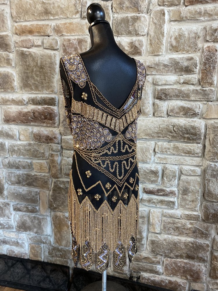 Unique Vintage Gold and Black Illusion Beaded Flapper Dress, Size XL