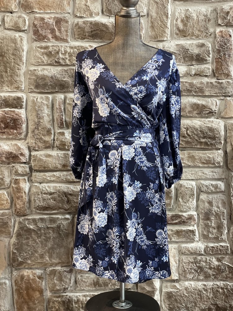 Navy Floral Faux Wrap Dress, Size 18