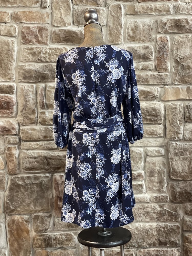 Navy Floral Faux Wrap Dress, Size 18