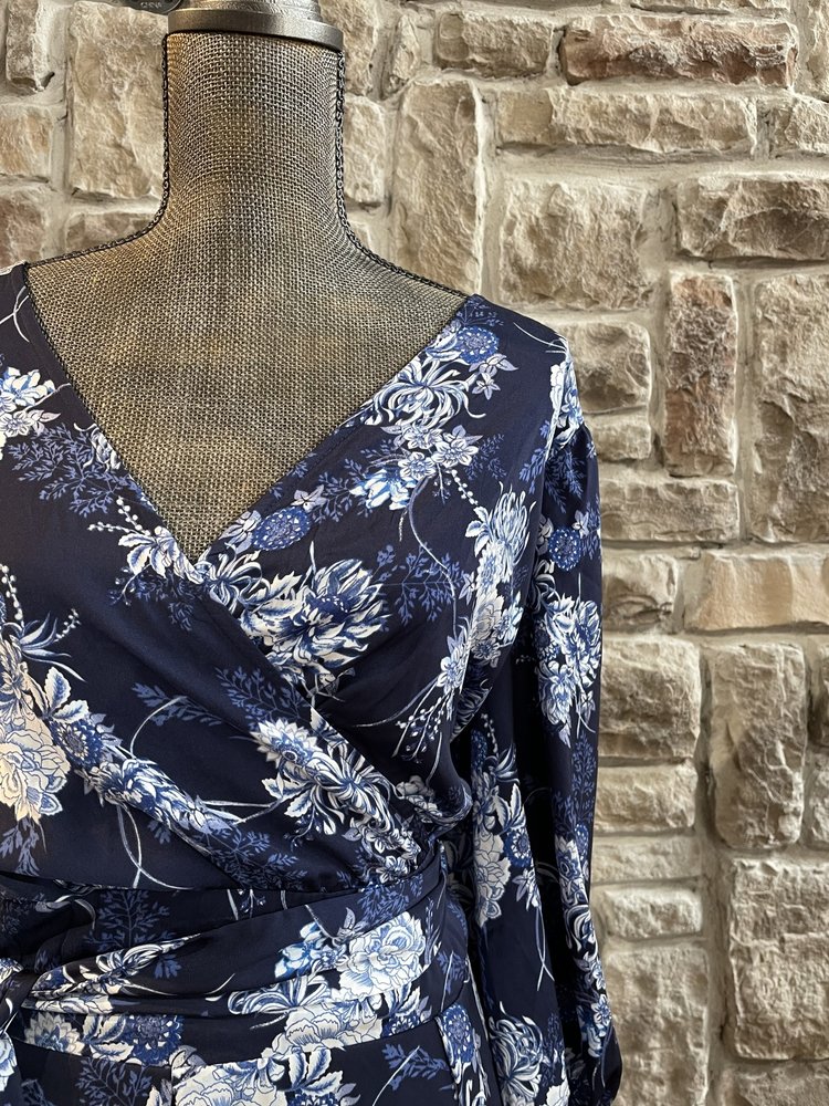 Navy Floral Faux Wrap Dress, Size 18