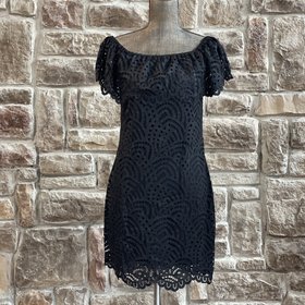 Black Lace Off the Shoulder Open Back Dress, Size L