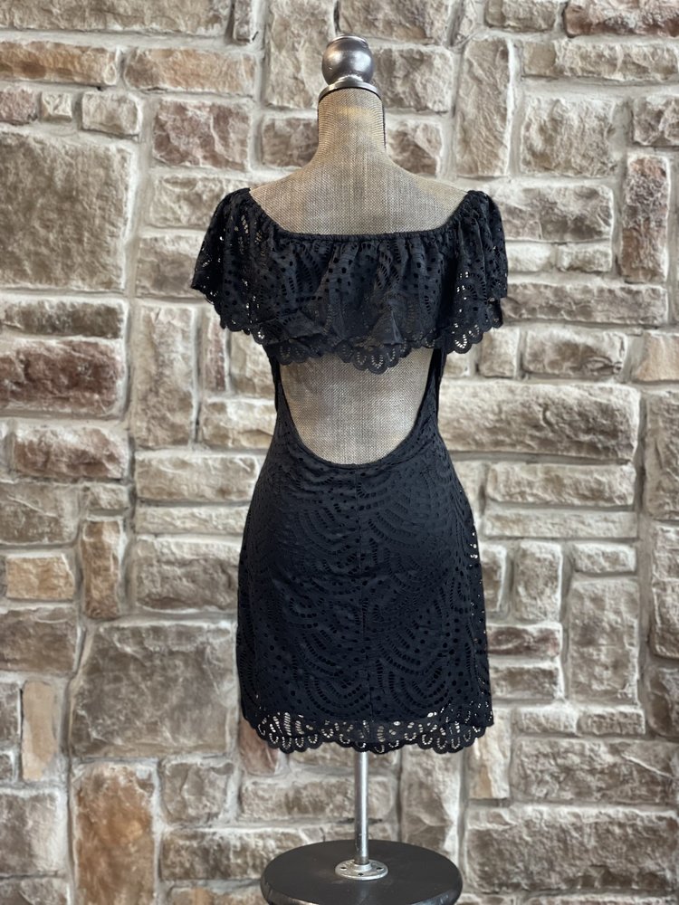 Black Lace Off the Shoulder Open Back Dress, Size L