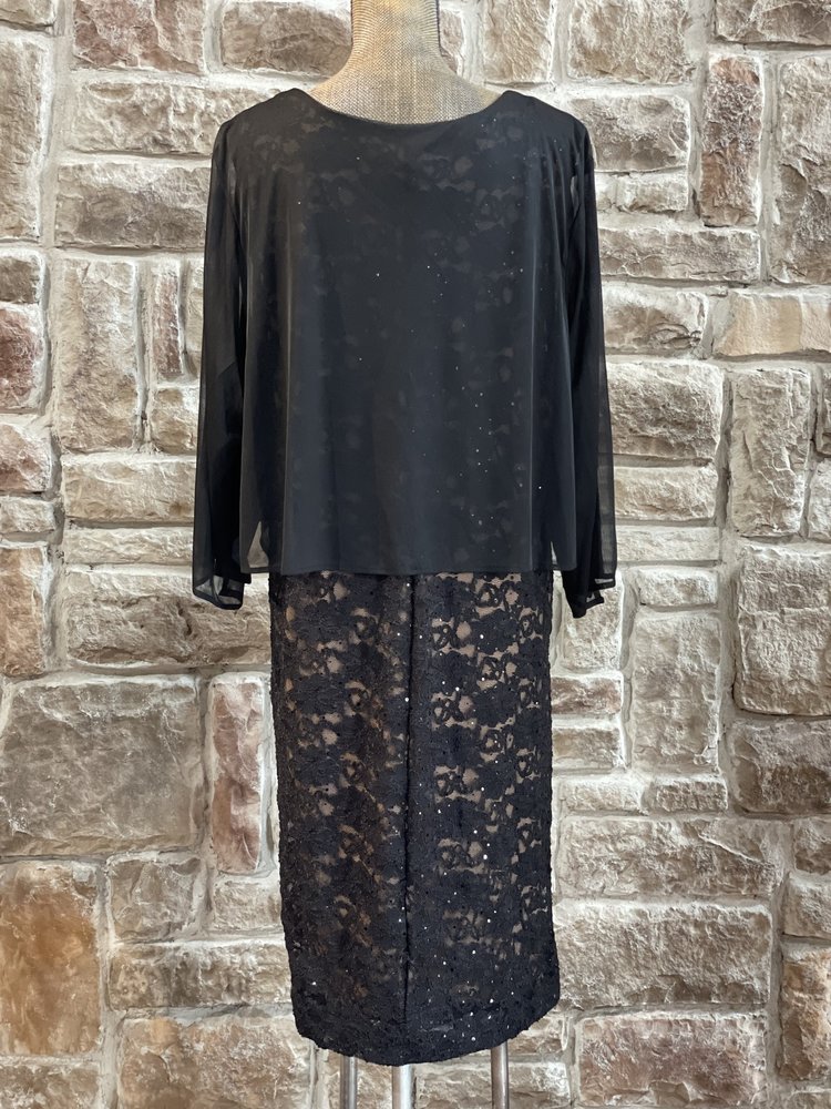 Connected Apparel Black Lace Dress With Mesh Shawl, Size 24W