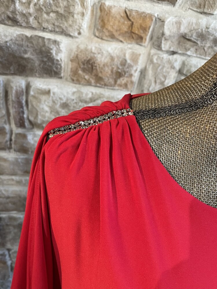 Caché Red Open Arm Sparkle Dress, Size XL