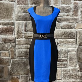 Caché Blue and Black Gold Belted Dress, Size 12