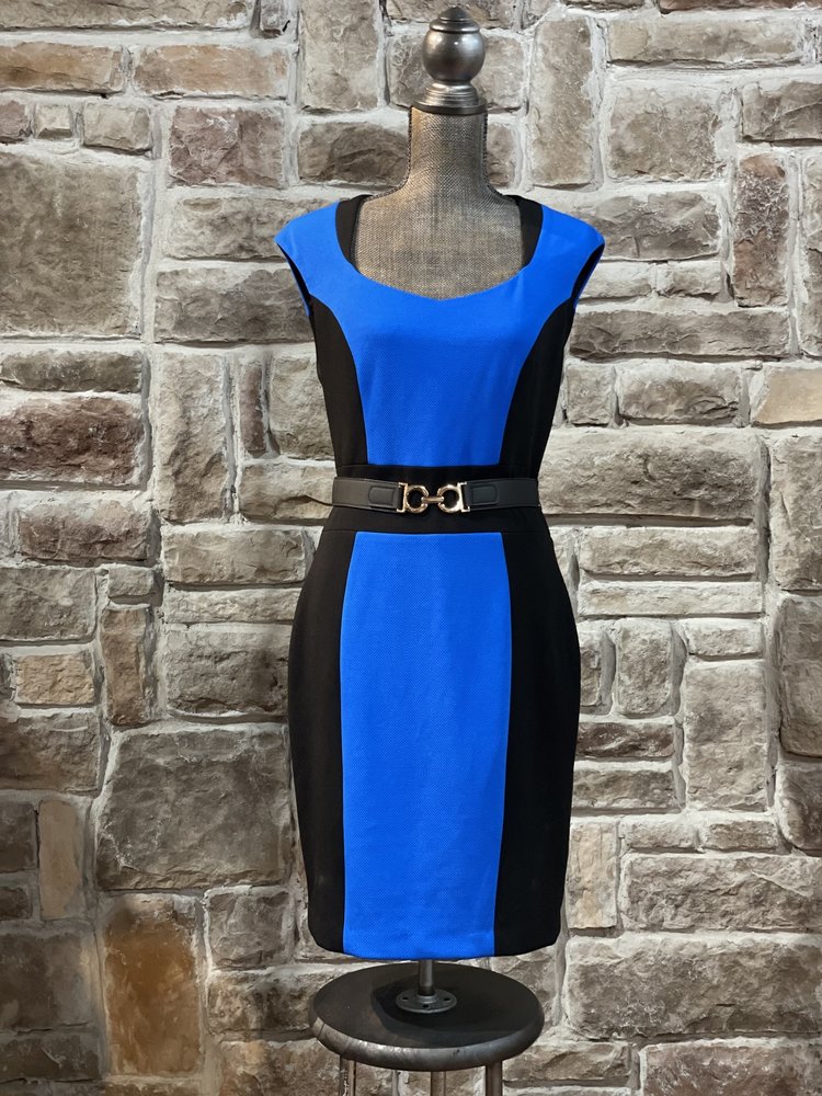 Caché Blue and Black Gold Belted Dress, Size 12