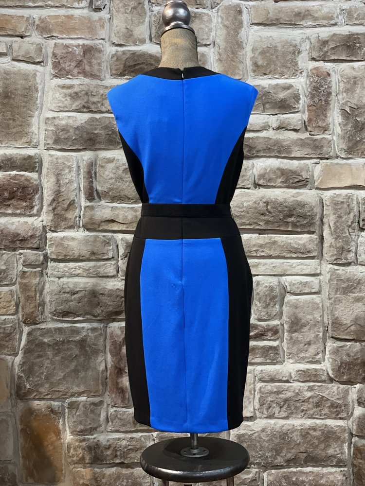 Caché Blue and Black Gold Belted Dress, Size 12