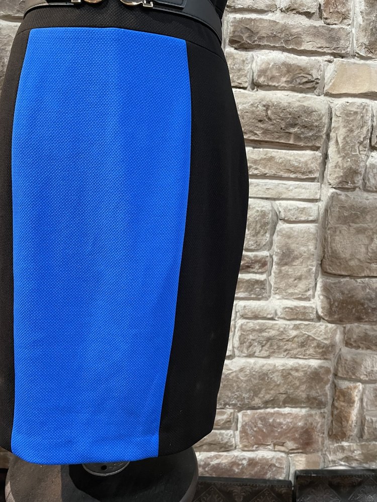 Caché Blue and Black Gold Belted Dress, Size 12