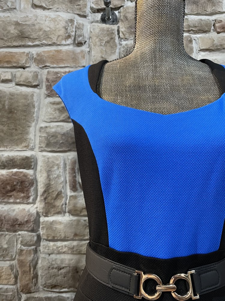 Caché Blue and Black Gold Belted Dress, Size 12