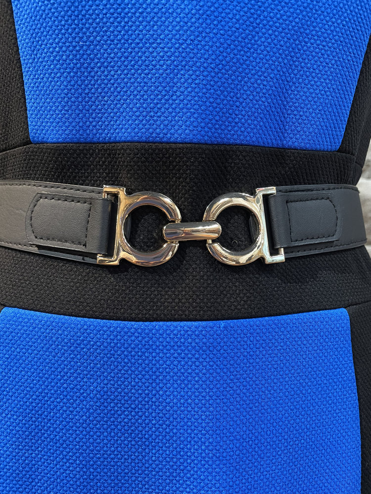 Caché Blue and Black Gold Belted Dress, Size 12