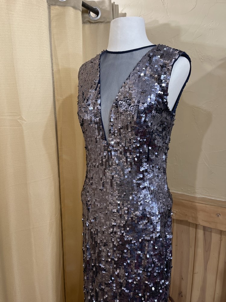 JS Collection Navy and Steel Sequined Full Length Evening Gown Size 10