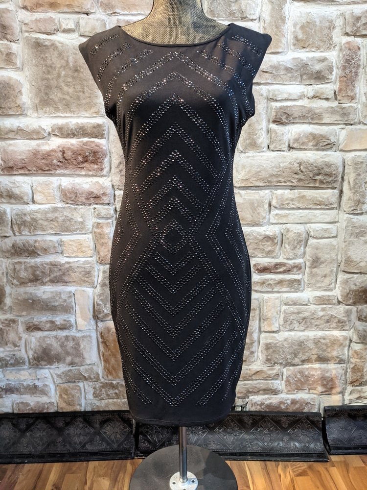 Caché Black Jersey Knit Dress with Gem Embellishments, Size M
