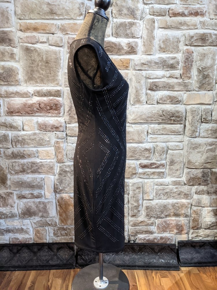 Caché Black Jersey Knit Dress with Gem Embellishments, Size M