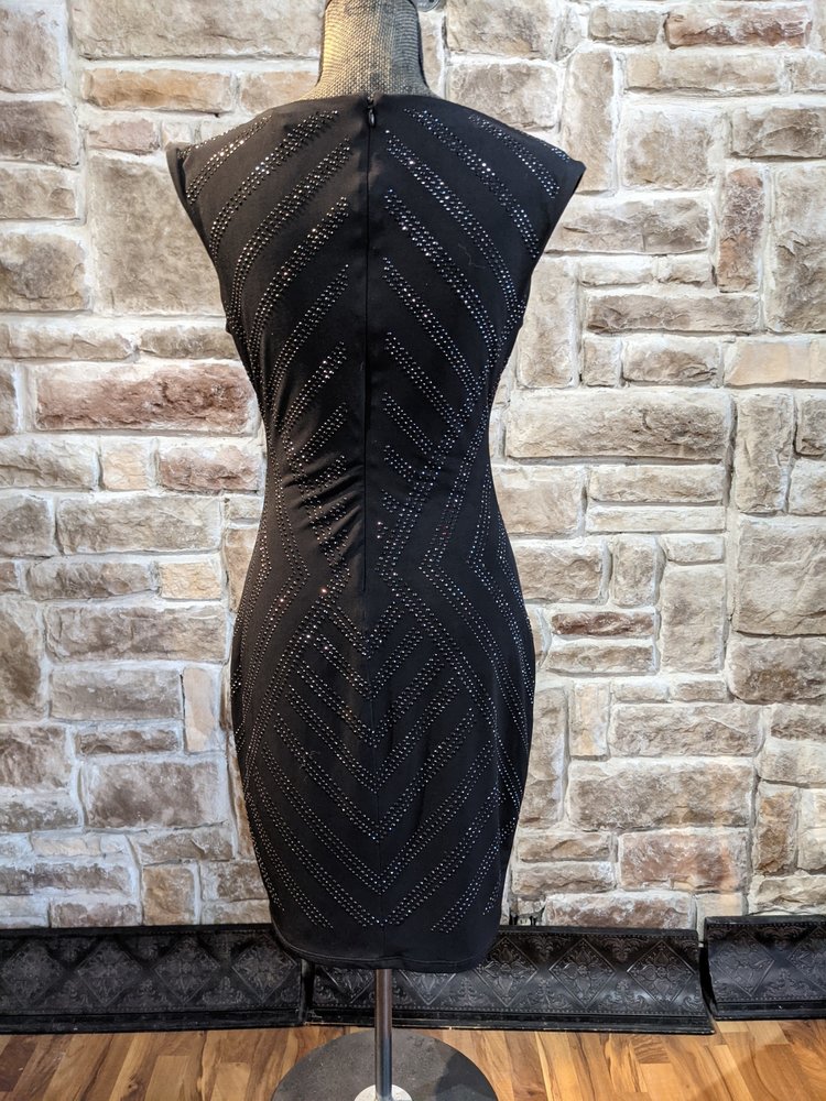 Caché Black Jersey Knit Dress with Gem Embellishments, Size M