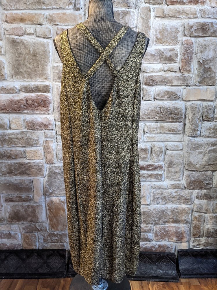 City Chic Gold Metallic Dress with Cross-Strap Back, Size 24W