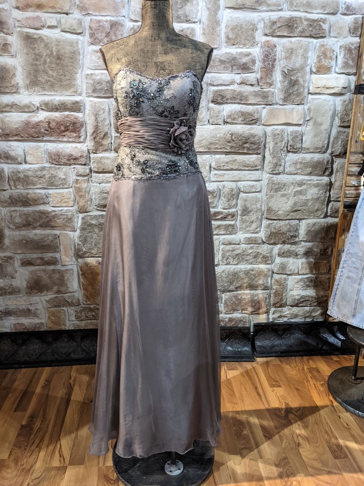 Montage Silver Gray Silk Gown with Beaded Jacket, Size 10