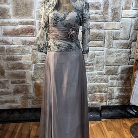 Montage Silver Gray Silk Gown with Beaded Jacket, Size 10