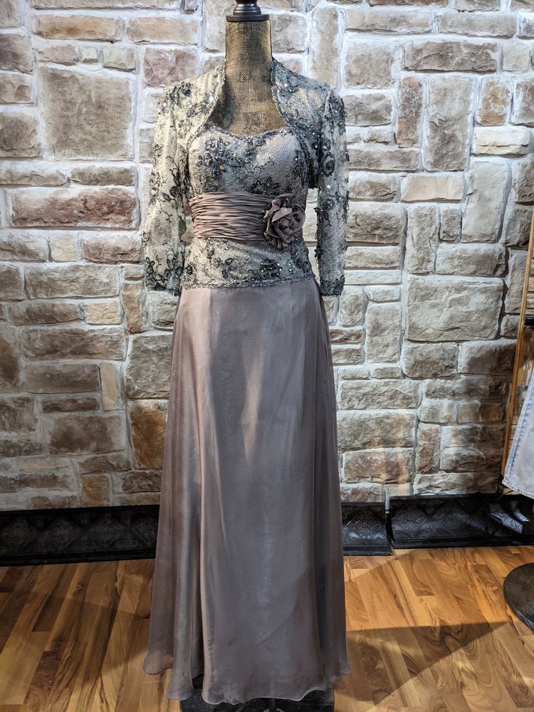 Montage Silver Gray Silk Gown with Beaded Jacket, Size 10