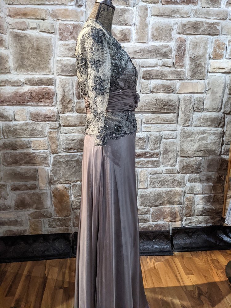 Montage Silver Gray Silk Gown with Beaded Jacket, Size 10