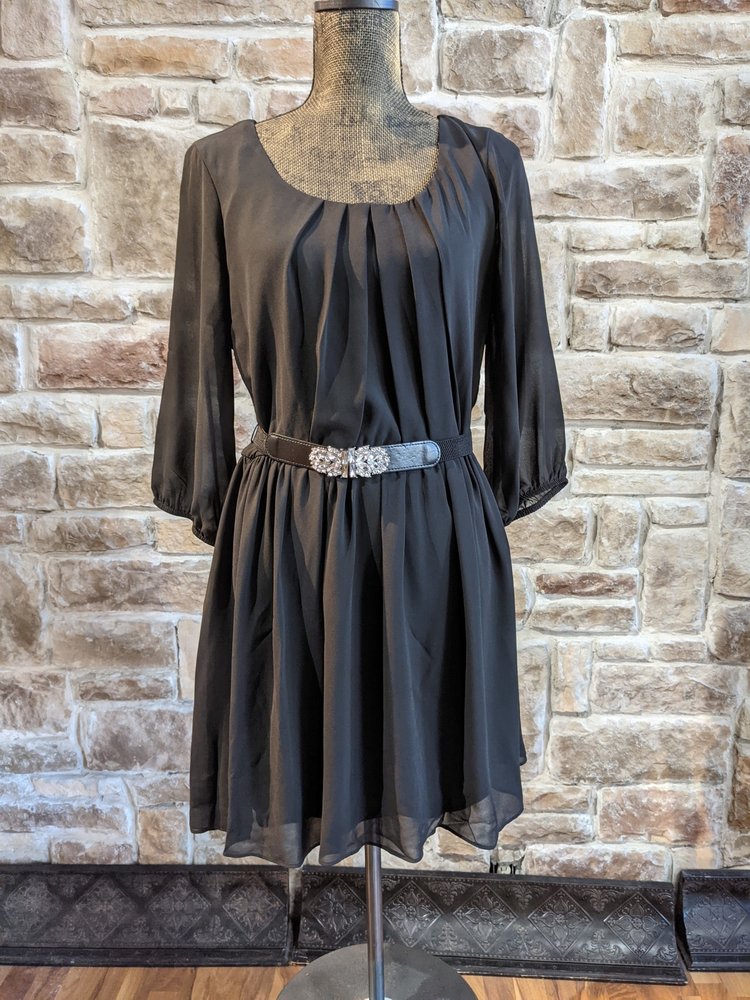 BCX Black A-Line Dress with Rhinestone Belt, Size XL