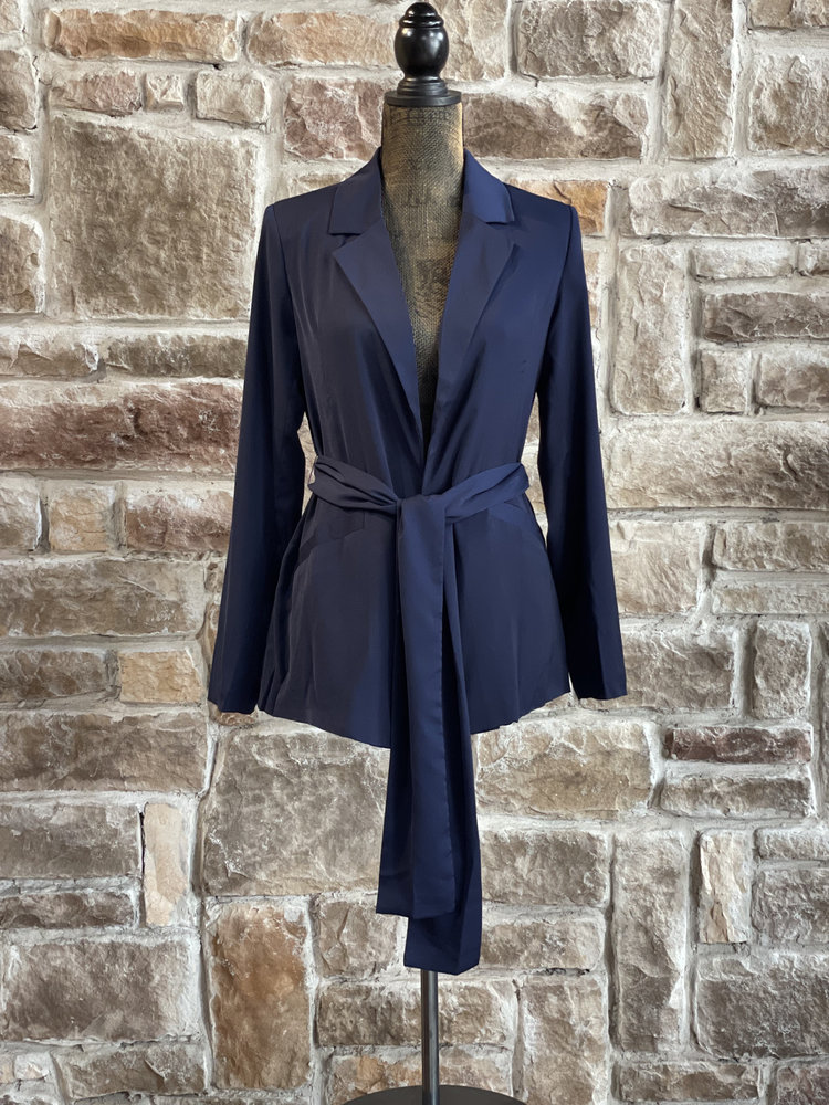 On Twelfth Navy Satin Wrap Front Blazer