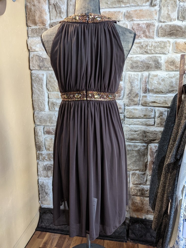 Caché Brown Dress with Jeweled Empire Waist, Size 8