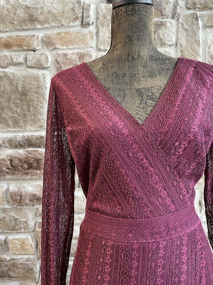 Guess Maroon Long Sleeve Lace Dress, Size 12