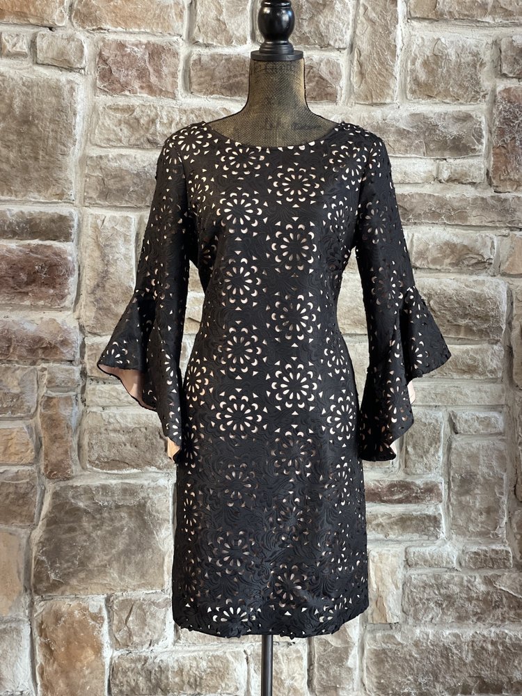 JAX Black Label Black and Nude Lace Flare Sleeve, Size 8