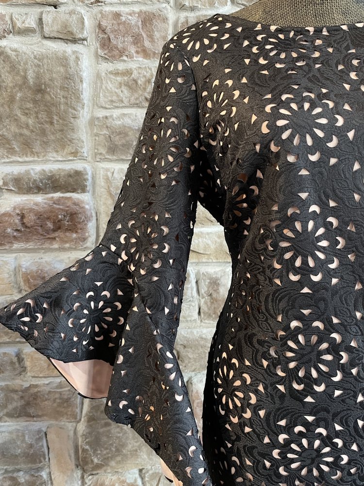 JAX Black Label Black and Nude Lace Flare Sleeve, Size 8