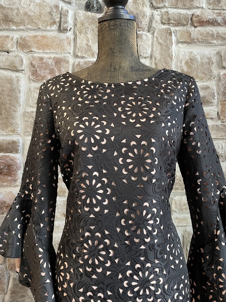 JAX Black Label Black and Nude Lace Flare Sleeve, Size 8