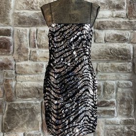 Aidan Mattox Black and Silver Sequin Zebra Print Dress, Size 10