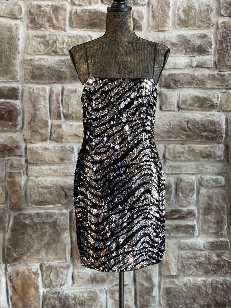Aidan Mattox Black and Silver Sequin Zebra Print Dress, Size 10