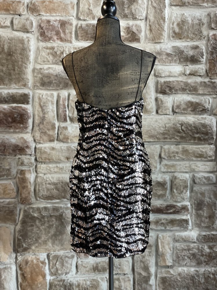 Aidan Mattox Black and Silver Sequin Zebra Print Dress, Size 10