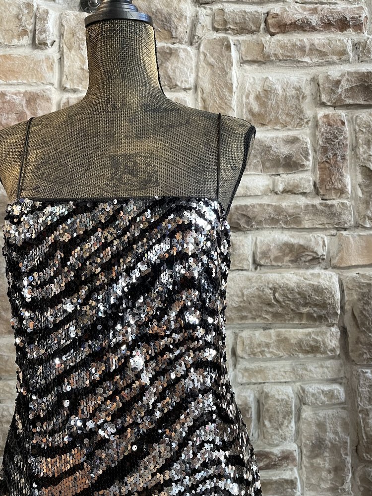 Aidan Mattox Black and Silver Sequin Zebra Print Dress, Size 10