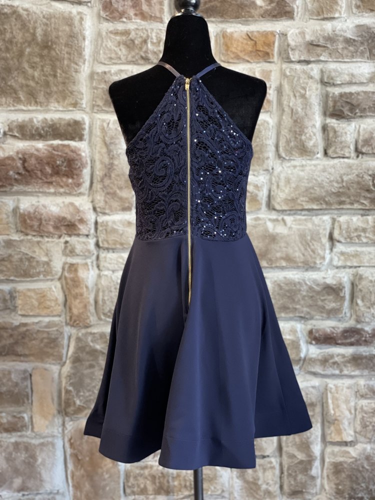 Sequin Hearts Navy Halter Glitter Lace Back Dress, Size 7