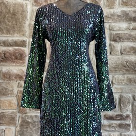 Fashion Fantasia Black Green Holographic Sequin Dress, Size XL