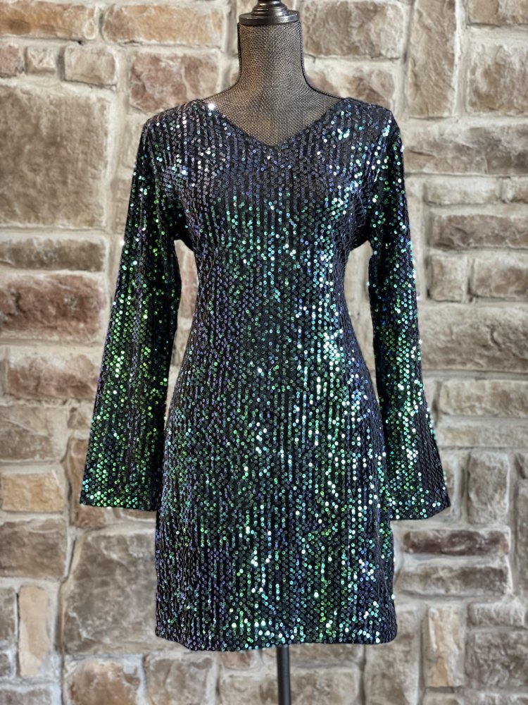 Fashion Fantasia Black Green Holographic Sequin Dress, Size XL