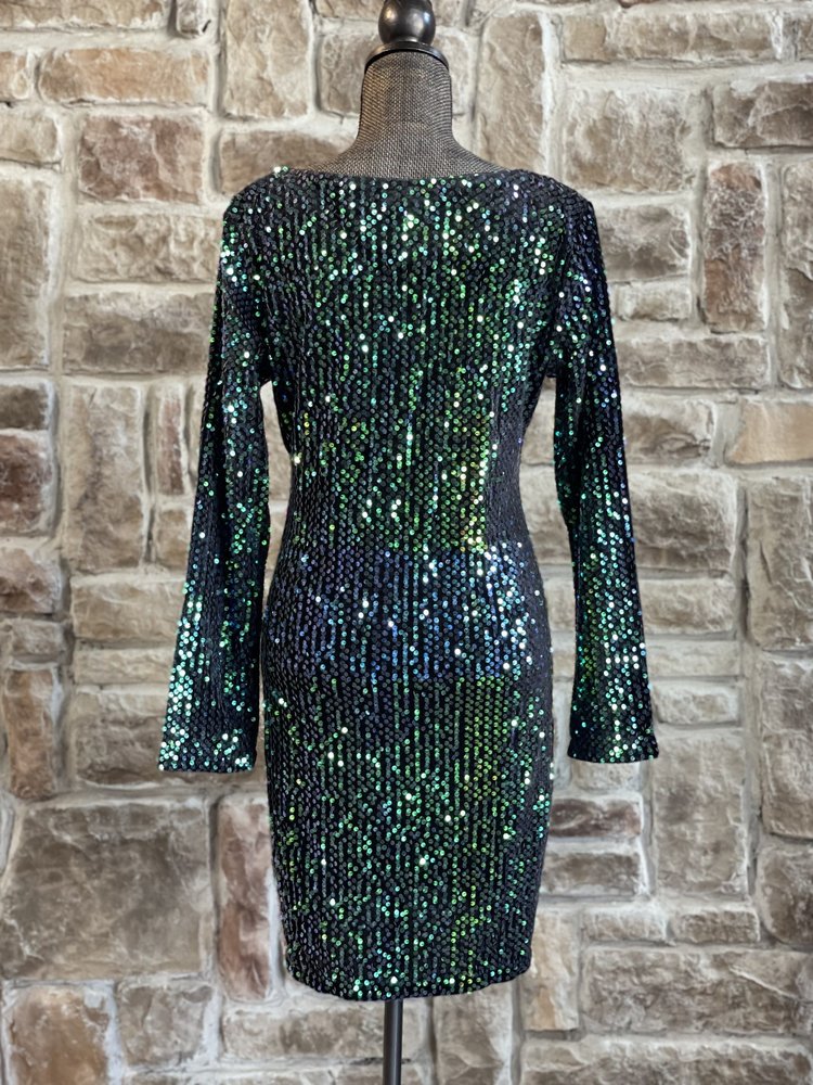 Fashion Fantasia Black Green Holographic Sequin Dress, Size XL