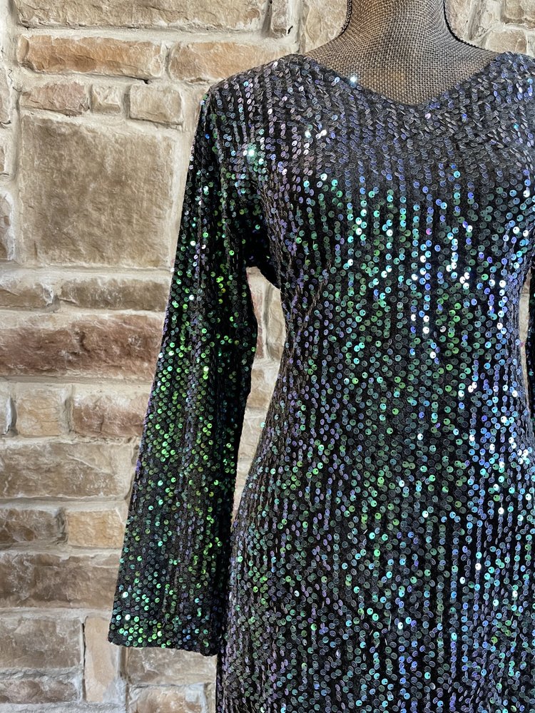 Fashion Fantasia Black Green Holographic Sequin Dress, Size XL