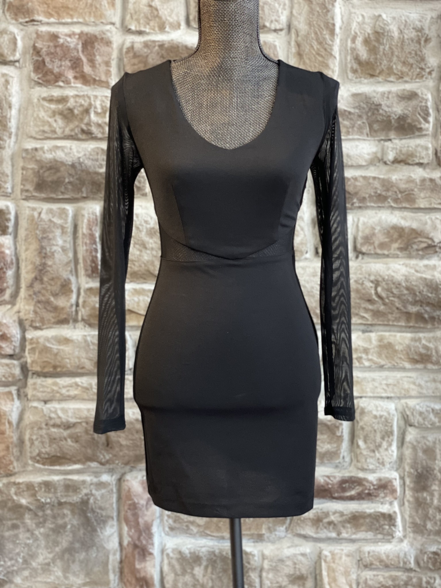Black Mesh Cut Out Long Sleeve Dress, Size 1/2 - Elements Unleashed