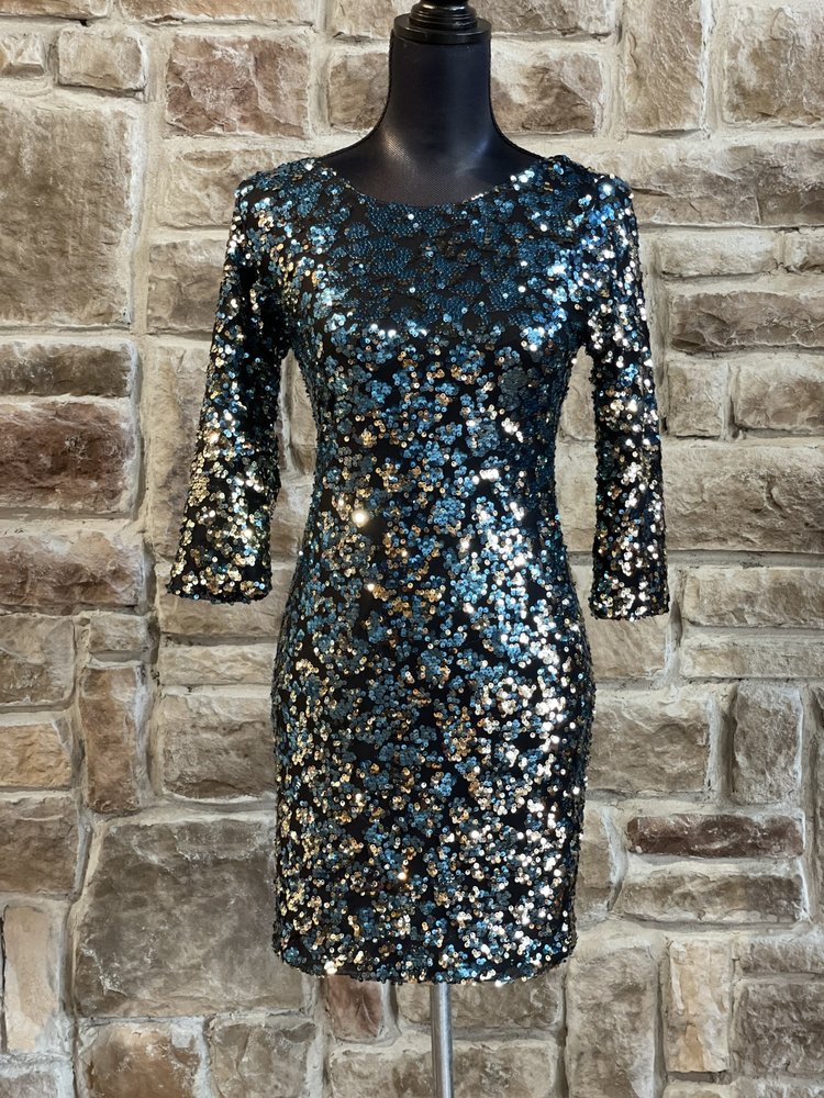 As U Wish Blue and Silver Sequin Mesh Dress, Size M