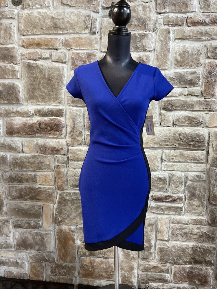 Crave Fame Blue and Black Ruched Wrap Dress, Size M