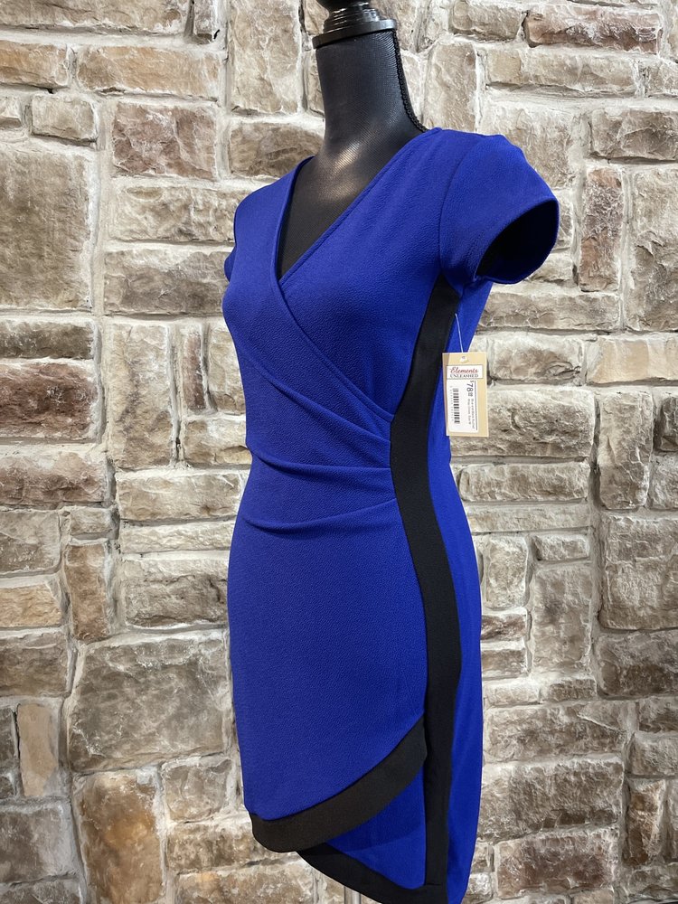 Crave Fame Blue and Black Ruched Wrap Dress, Size M