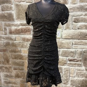 Aqua Black Ruched Sequin Lace Dress, Size L
