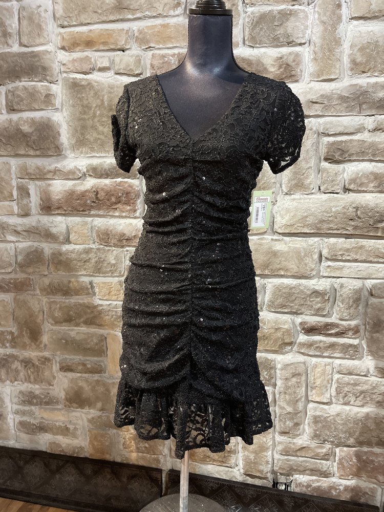 Aqua Black Ruched Sequin Lace Dress, Size L