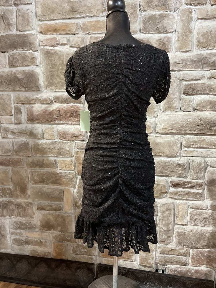 Aqua Black Ruched Sequin Lace Dress, Size L