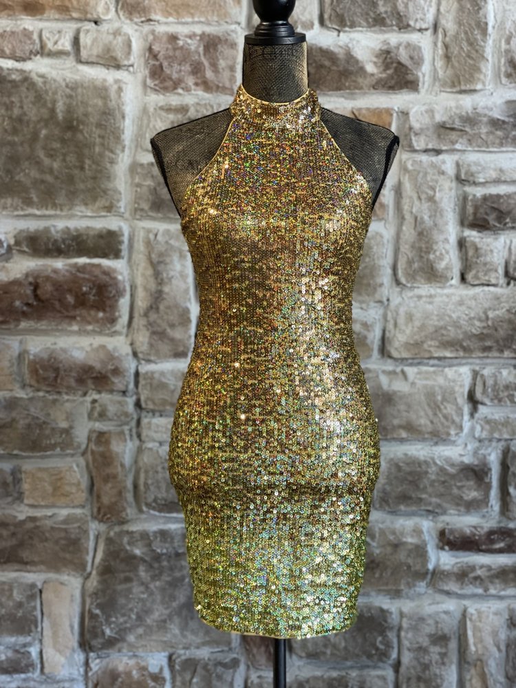 Guess Gold Sequin Halter Dress, Size XS