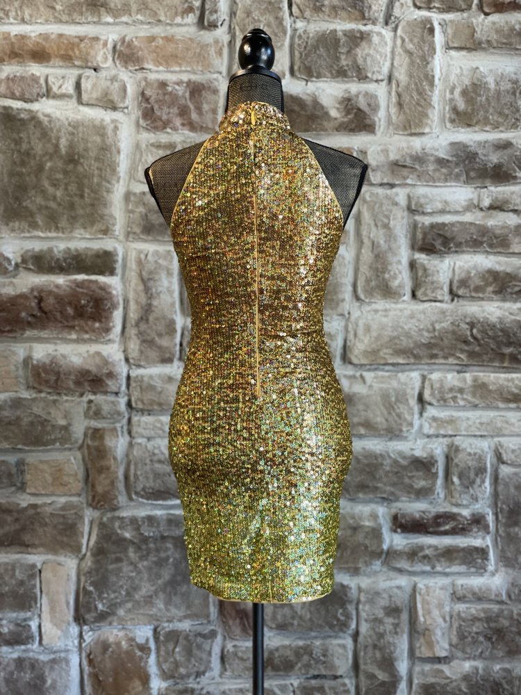 Guess Gold Sequin Halter Dress, Size XS