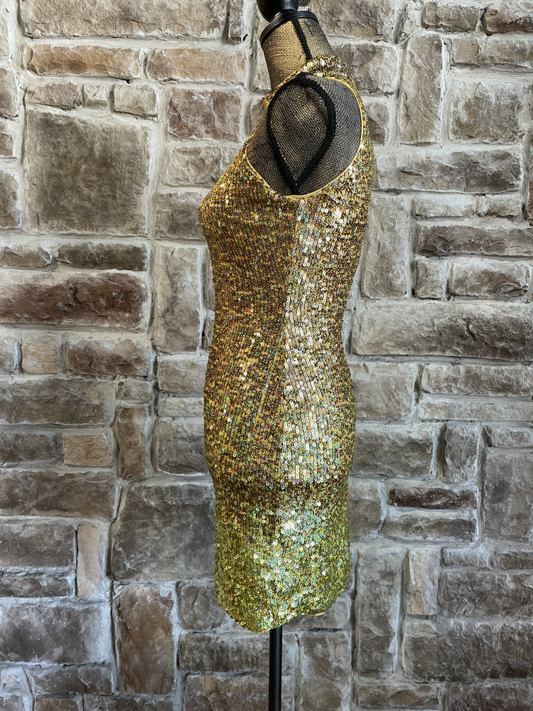 Guess Gold Sequin Halter Dress, Size XS