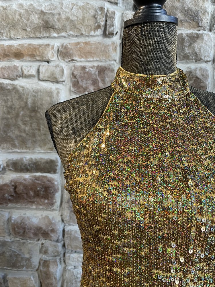 Guess Gold Sequin Halter Dress, Size XS